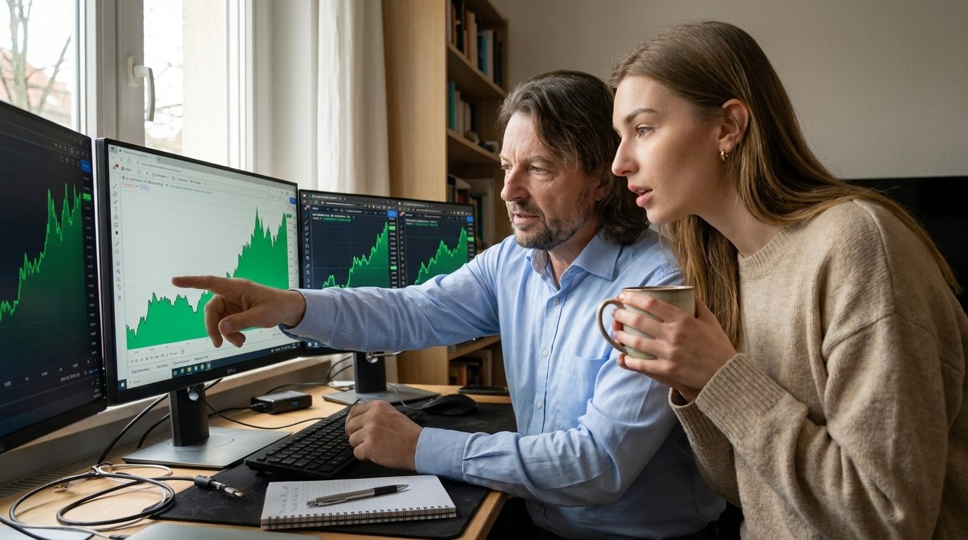 Trading-Arbeitsplatz mit mehreren Monitoren und Aktienkursen zu Hause
