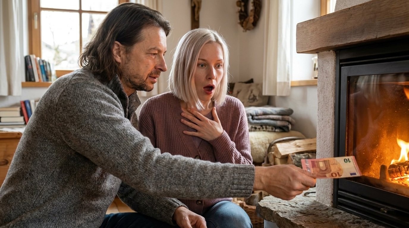 Notiz mit Berechnung vor einem Kamin als Sinnbild für die Kauf-Entscheidung