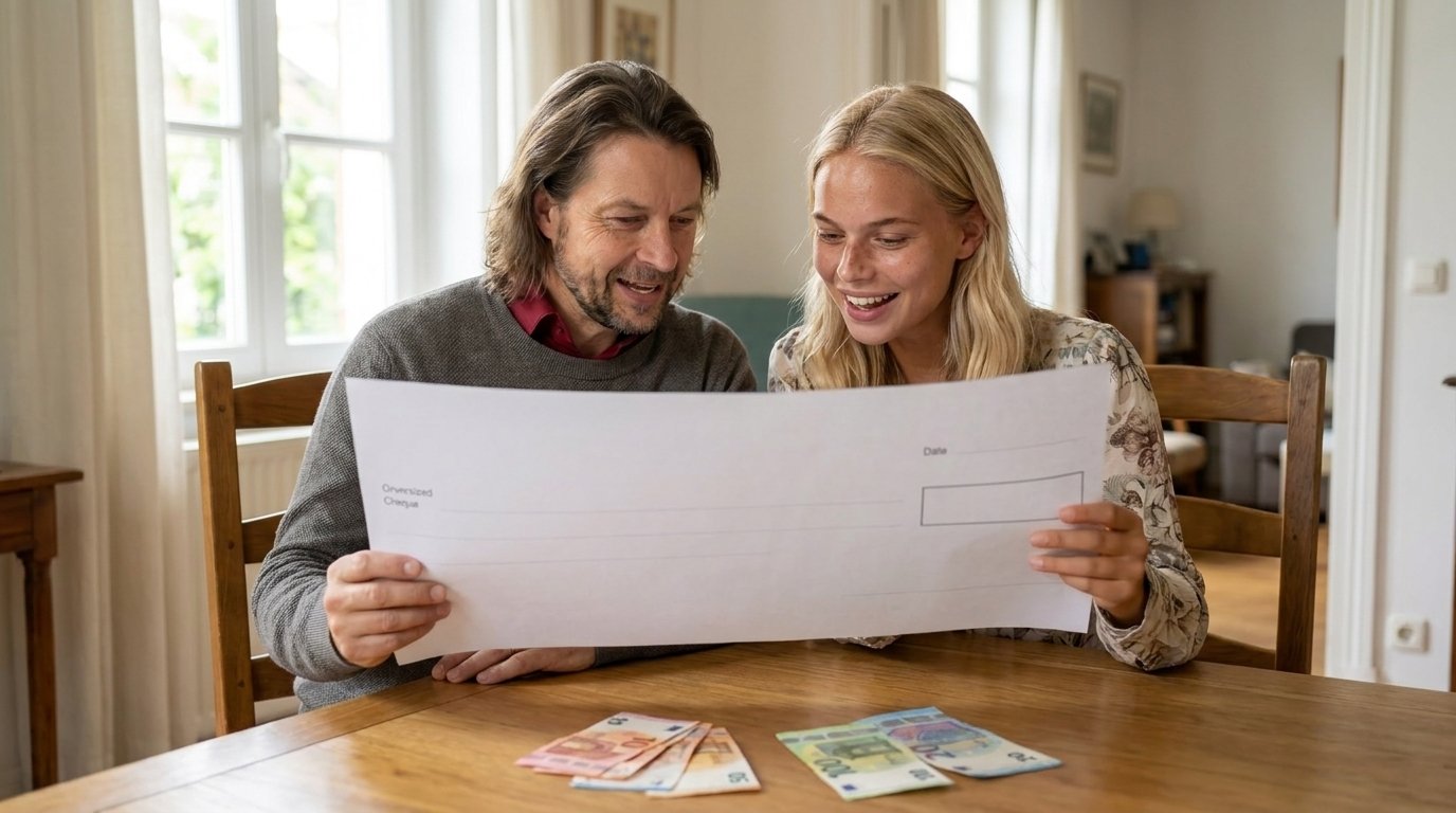Steuererstattung als Scheck als Sinnbild für zurückgeholte Steuern
