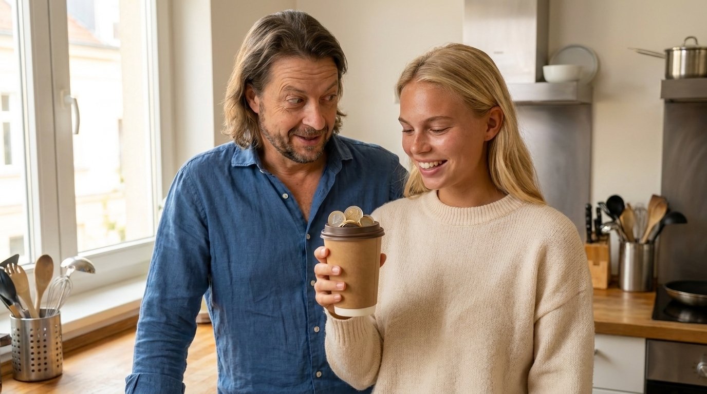 Kaffeetasse mit Münzen als Sinnbild für den Latte-Faktor