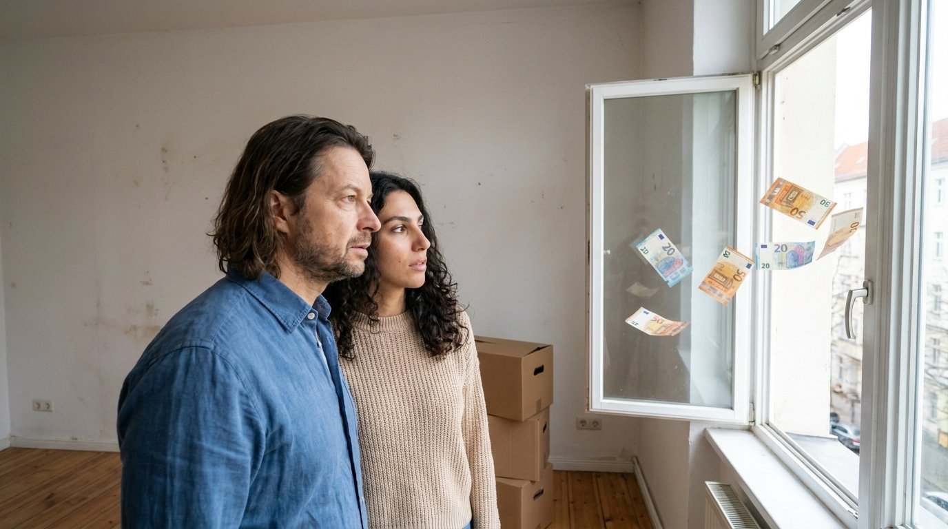 Geldscheine fliegen aus einem Fenster als Sinnbild für den Mietmythos